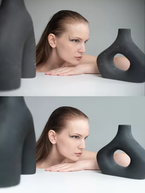 Стильный женский портрет с креативным макияжем для fashion съемки среди минималистичных декоративных ваз